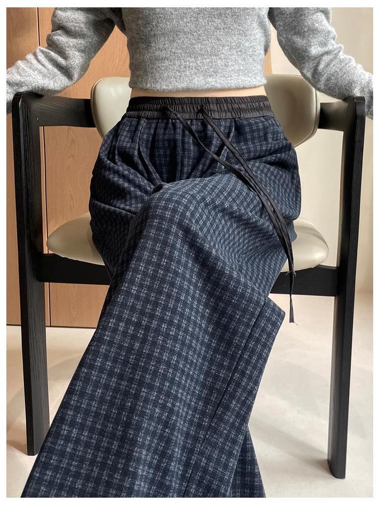 Women's Autumn 2025 Blue Plaid High-Waist Wide-Leg Pants with Drawstring - Retro, Slimming, Casual Style