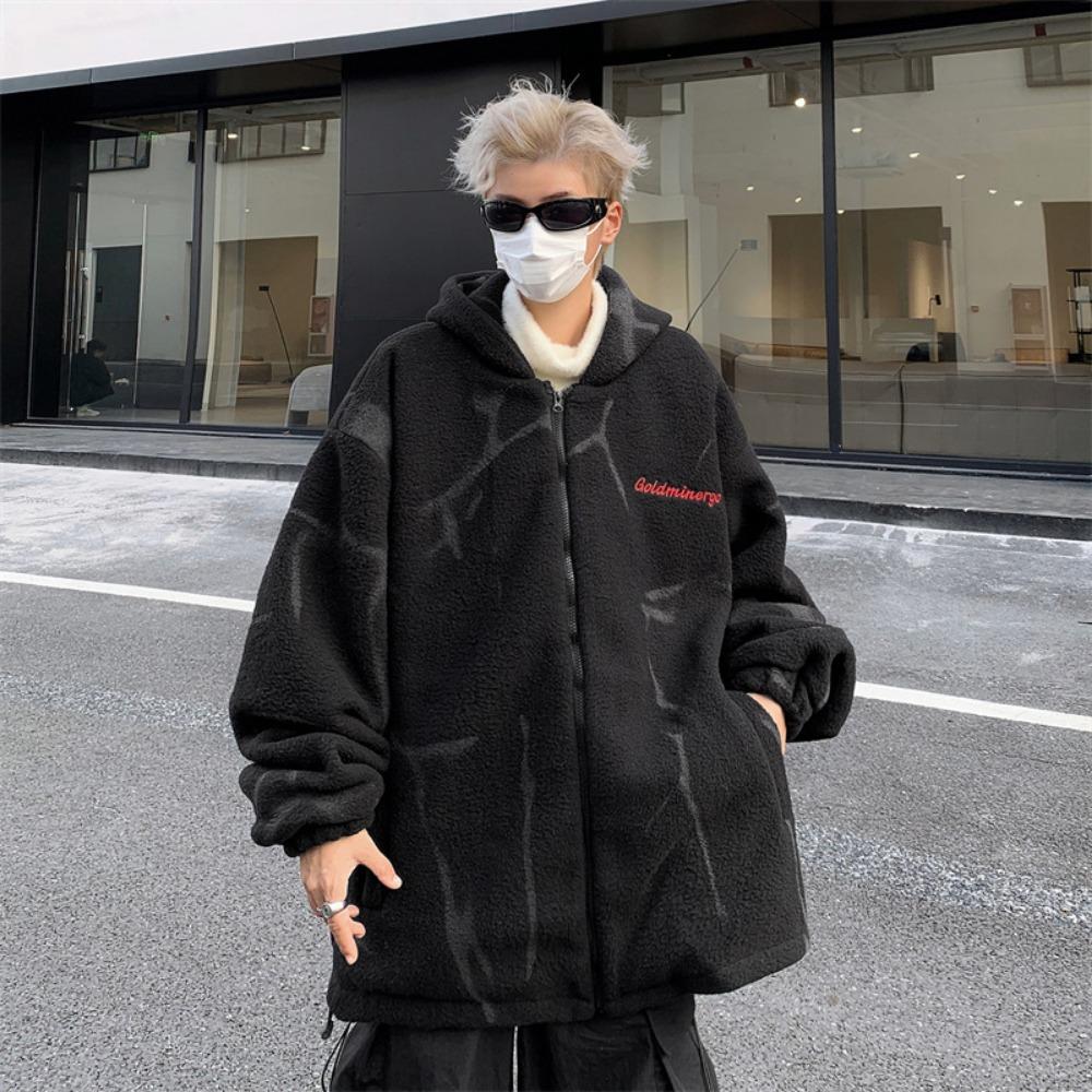 Lamb wool cotton-padded clothes thickened warm cotton-padded clothes men's loose hooded cotton-padded jackets loose coats