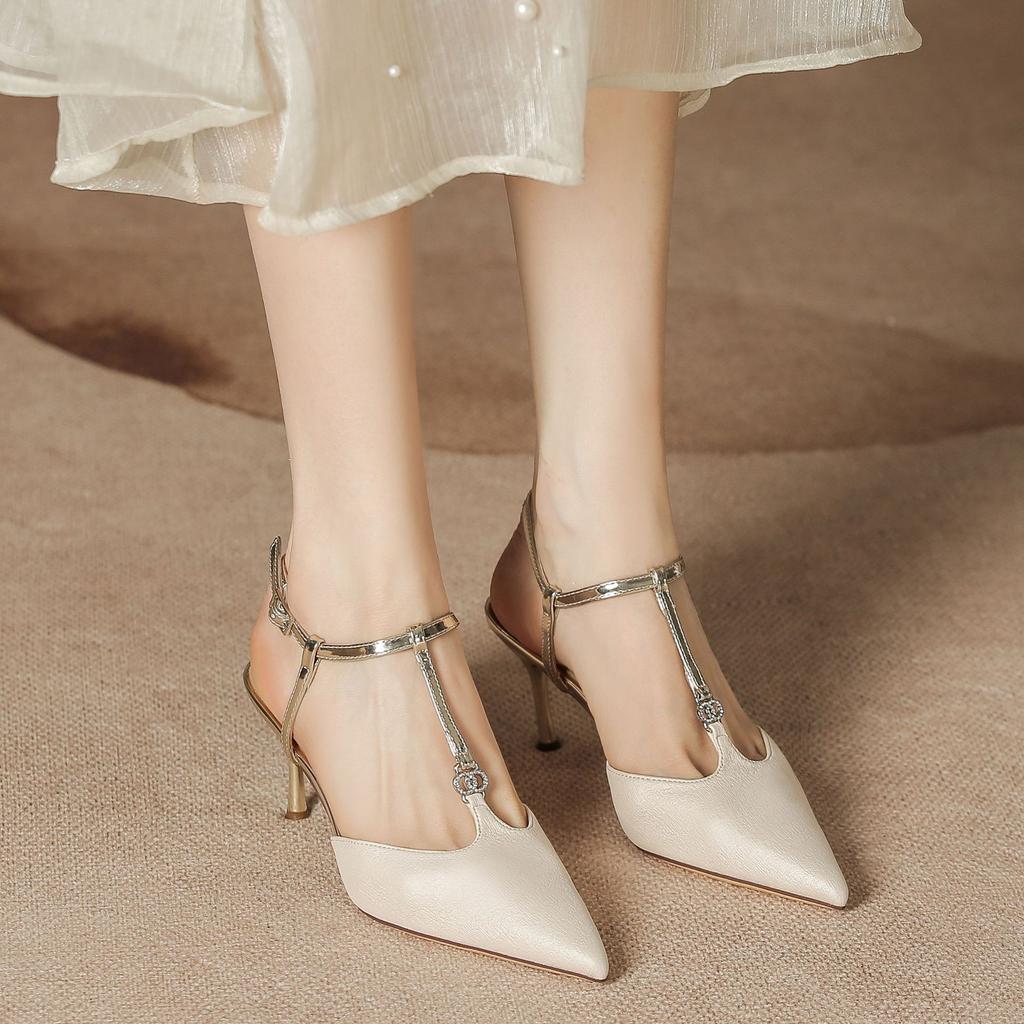 H1933-46 Solid Color Summer Women's Shoes Half Bag Head Rear Empty Stiletto High Heel Sandals Women's Word with Pointed Shoes Children