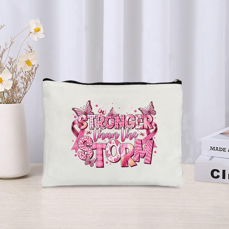 

Fight Breast Cancer Bow Canvas Cosmetic Bag Organizer Zipper Storage Pouch Pencil Case Wallet New Perfume Lipstick Makeup Bags