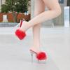 Furry Sexy Thin Stiletto Platform Slide Sandals, Transparent Crystal Heel Women Shoes For Wedding Banquet Formal Dress Occasions WZ-198614-89