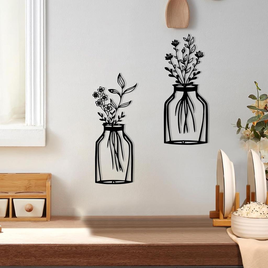 3 Pieces Black Metal Flower Vase Wall Art Decor Wire Wall Art Metal Wall Sculptures Iron Decorative Hanging for Indoor Kitchen Bathroom Dining Room