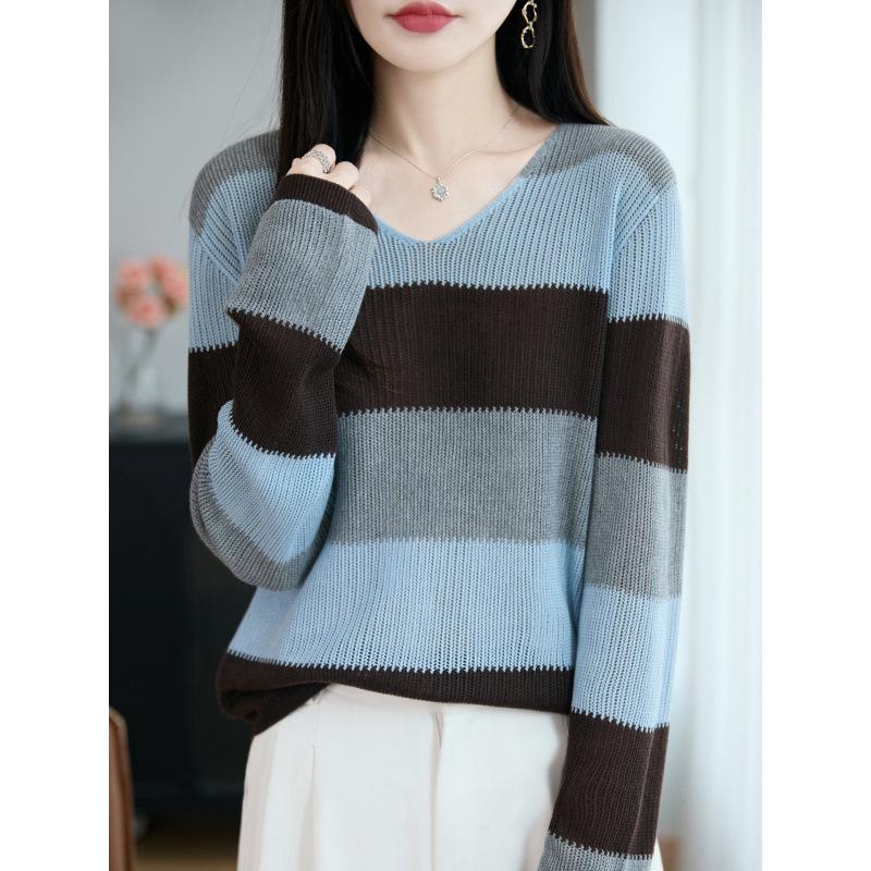 Korean Color Block V-Neck Knit Sweater - Women's Casual Striped Loose Fit for Early Autumn