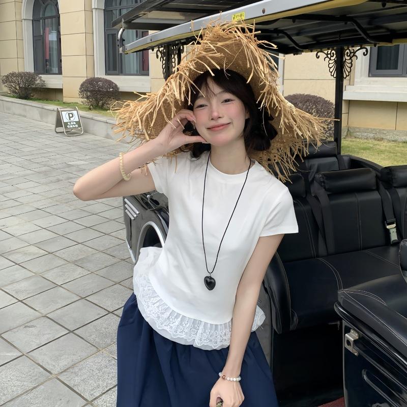 8073 #Special 92 cotton 8 elastane Korean sweet lace white short-sleeved women's T-shirt women's summer