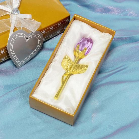 Faux Crystal Rose Flower Gift with Metal Stem Clear Flower Figurine with Gift Box