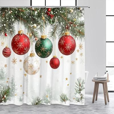 Christmas Balls Shower Curtain Green Pine Boughs Gold Stars Snowflakes New Year Xmas Bath Curtain Home Bathroom Decor With Hooks