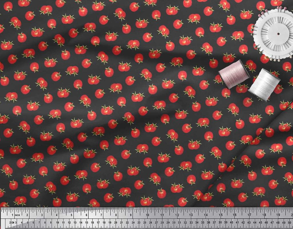 Soimoi Black Japan Crepe Satin Fabric Tomato Vegetable Printed Fabric 1 Metre 42 Inch