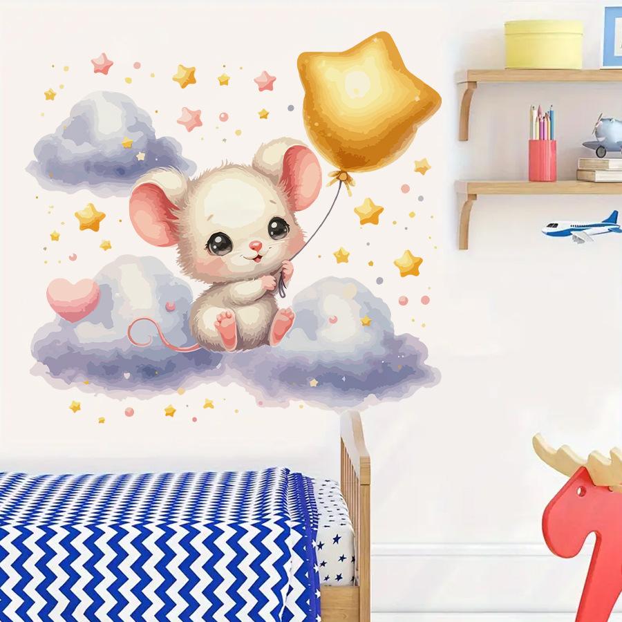 Cute Cartoon Mouse with Stars and Clouds Wall Stickers, Self-Adhesive Decor for Kids Room Bedroom Decoration