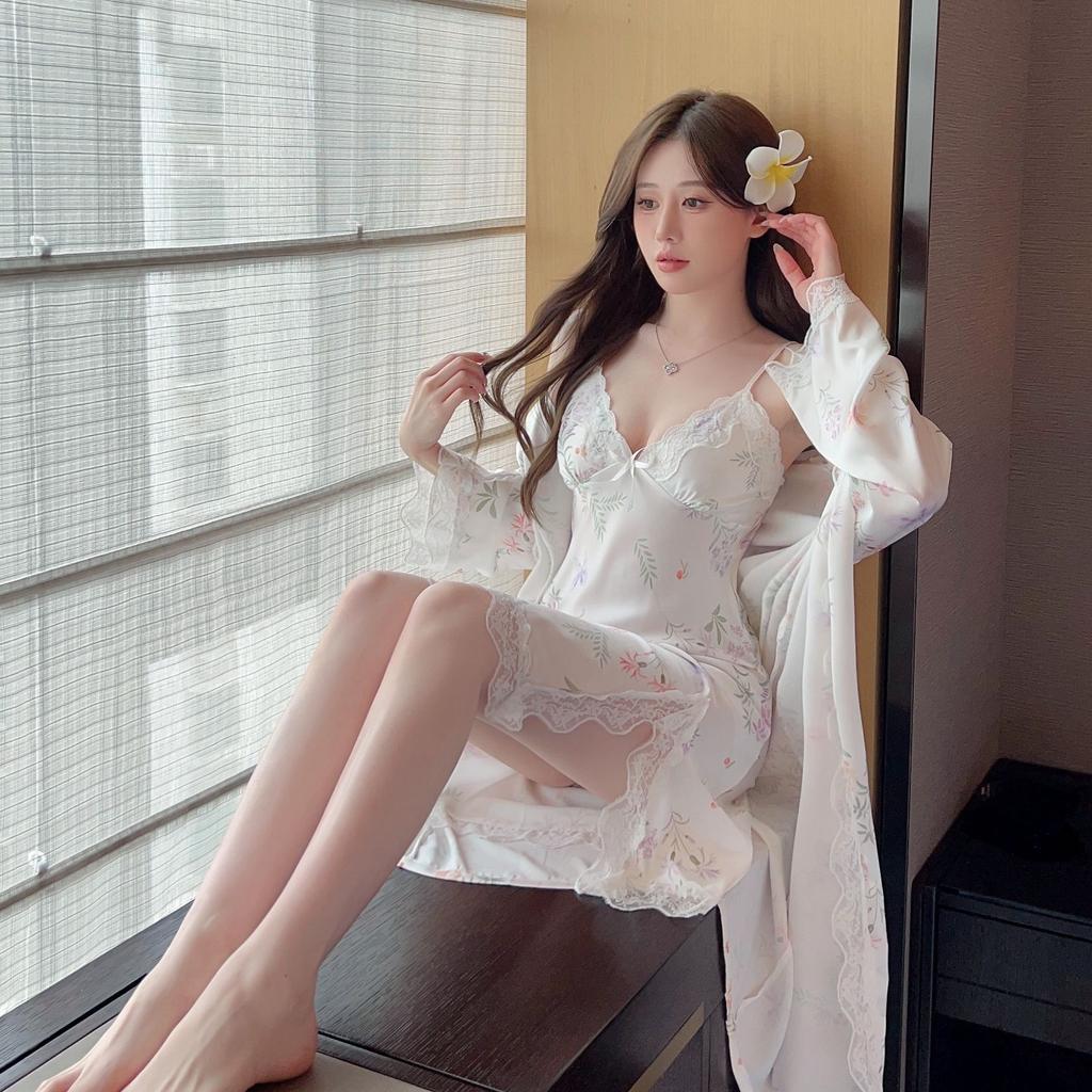 Ice silk pajamas women's new suspender nightgown ins nightgown two-piece set with chest pad sexy printed loungewear long sleeves