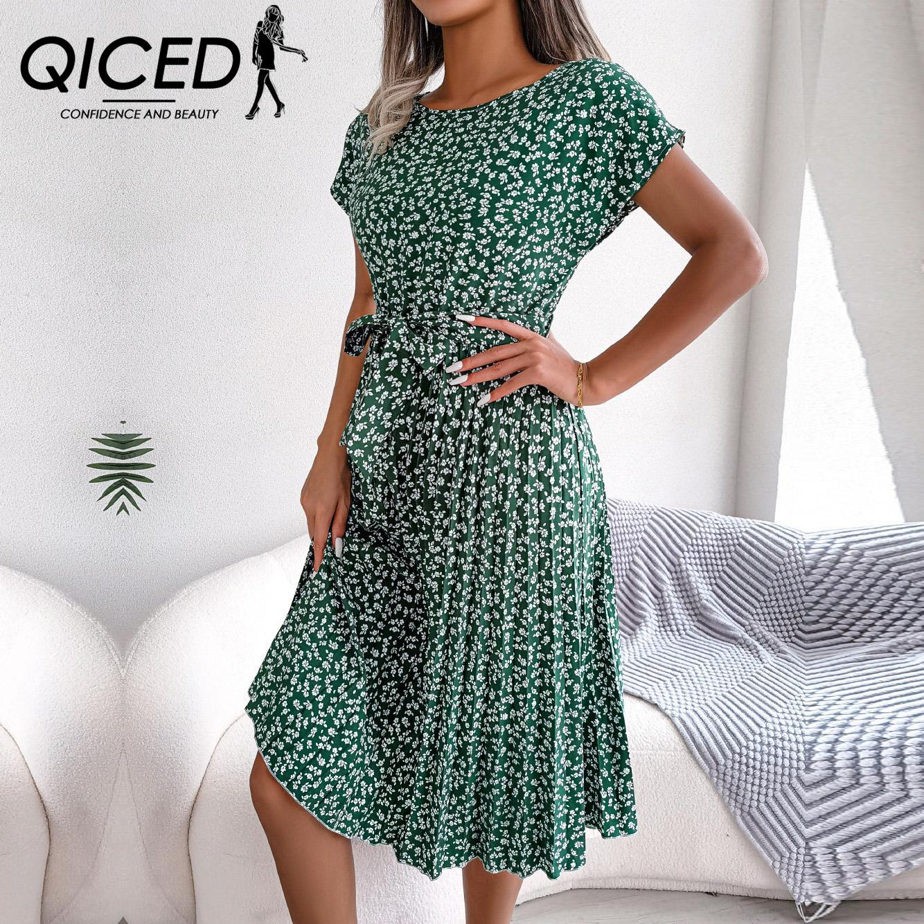 

QICED Весна-лето Женское плиссированное А-силуэтное длинное платье с коротким рукавом и цветочным принтом S-3XL XXXL зелёный