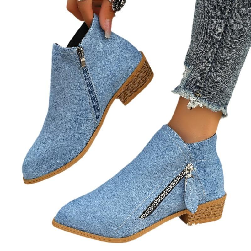 Europejski i amerykański handel zagraniczny duży rozmiar zamszowe botki Martin ze krótką cholewką zapinane na boczny zamek damskie szpiczaste na grubym obcasie cienkie w panterkę pojedyncze botki