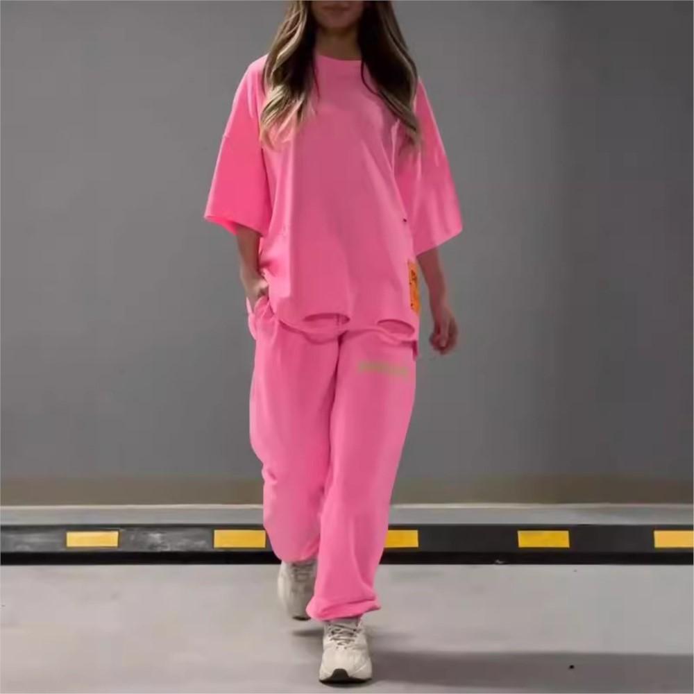 Summer Fashion Hollowed Out O Neck T Shirt Women's 2 Piece Set Solid Color Casual Relaxed Tracksuit Pants Pocket Female Suit