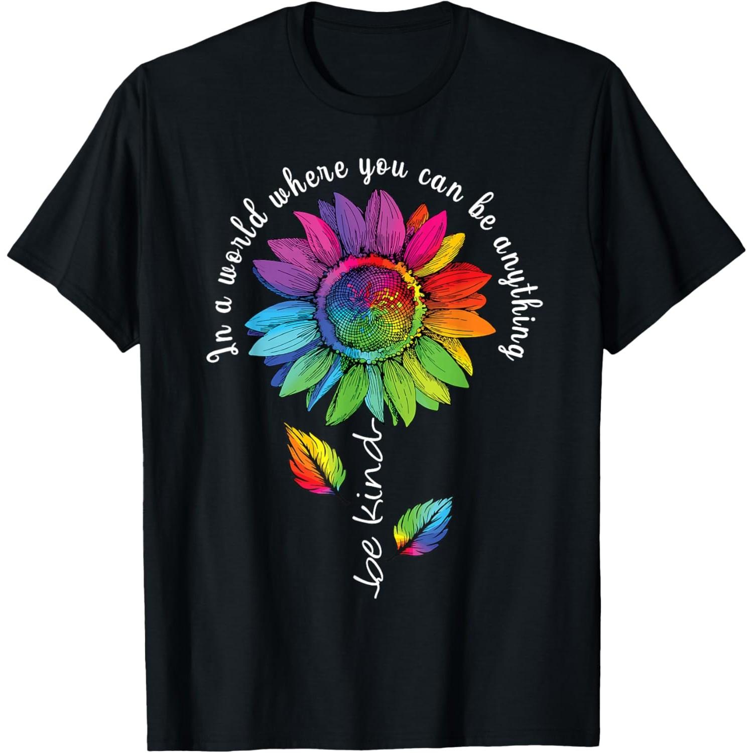 Rainbow Sunflower Be Kind Autism Awareness Graphic Tee Casual Cotton TShirt Unisex - Men s Summer Cotton Graphic Tee S разноцветный