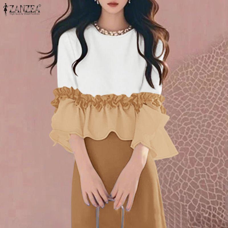 ZANZEA Damen Rundhals Patchwork 3/4 Ärmel Freizeitbluse