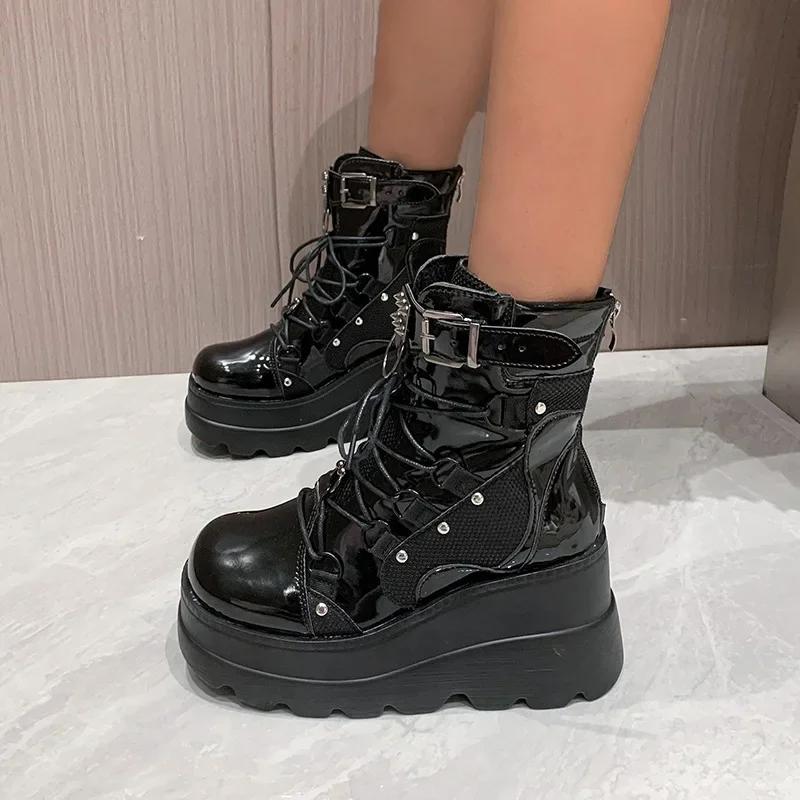 Fashion Slope and Knight Boots for Women 2025 New European and American Plus Punk Style Handsome Thick Bottom Mid Top Women's Boots