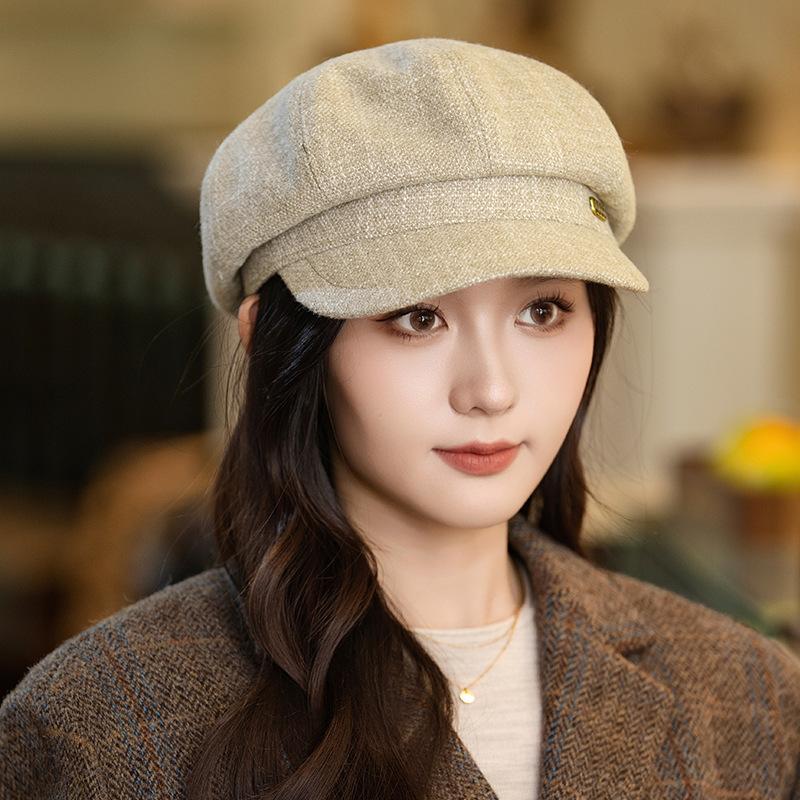 Autumn and winter hat women's big head circumference octagonal hat retro versatile fashion beret show face small painter hat