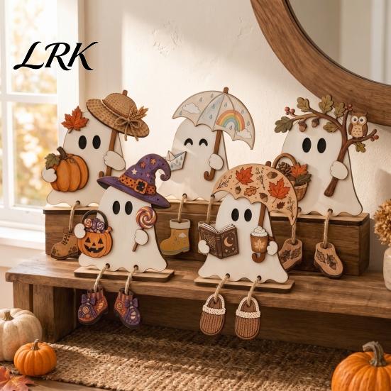 Halloween Tabletop Decorations Wooden Harvest Festival Ghost Ornament for Autumn Home Desktop Decoration, Cute Modern Farmhouse Fall Figurine