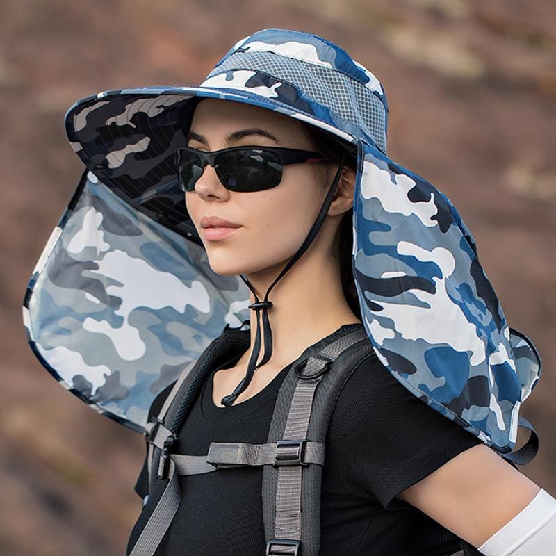 Outdoor Activity Camouflage Bucket Hat with Removable Shawl Unisex Summer Large Brim Sun Hat Water Resistant Quick-Drying Hiking Fishing Hat
