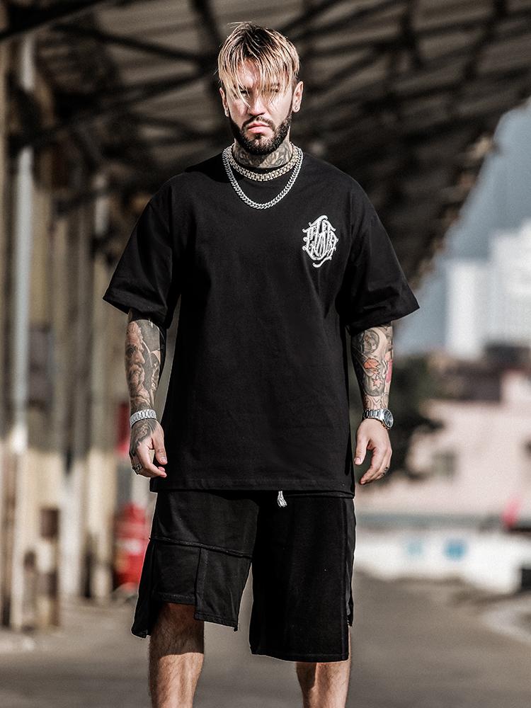 Chicano Flower Type Loose Gangster Shoulder Short Sleeve Crew Neck Trendy Hip Hop BboyT-Shirt Destroy Short Sleeve