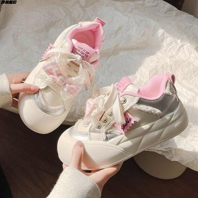 Bow Thick-soled Ugly Cute Big-headed Bread Shoes Women's Spring and Autumn New Versatile Little White Shoes Heightening Casual Board Shoes