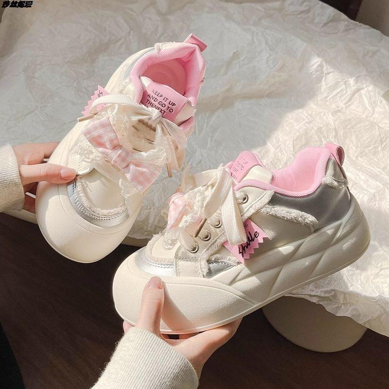 Bow Thick-soled Ugly Cute Big-headed Bread Shoes Women's Spring and Autumn New Versatile Little White Shoes Heightening Casual Board Shoes