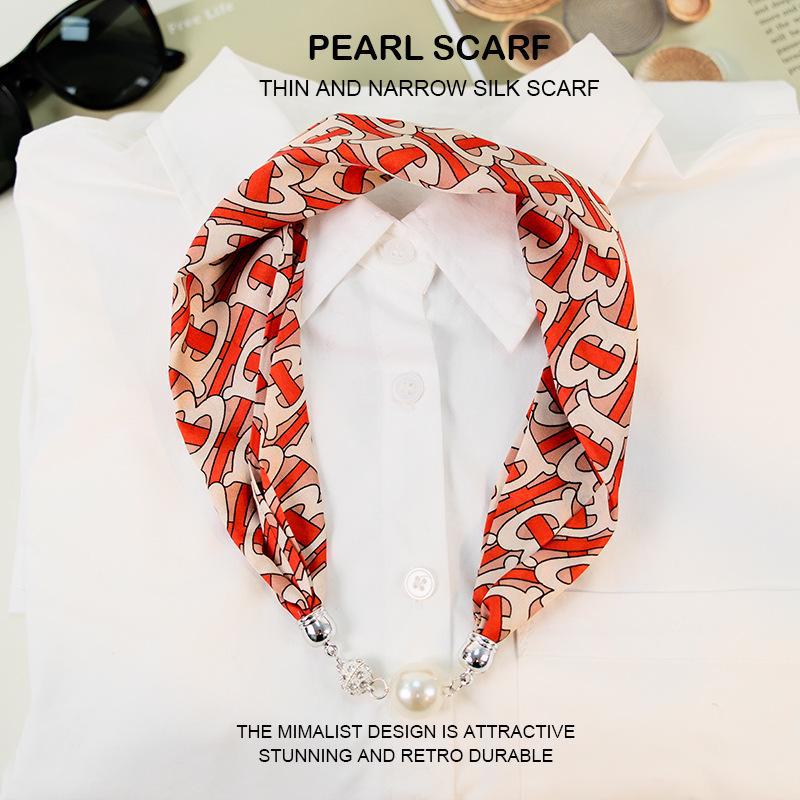 Elegant Silk Scarf with Magnetic Buckle and Pearl Necklace - Stylish Clavicle Chain for Women