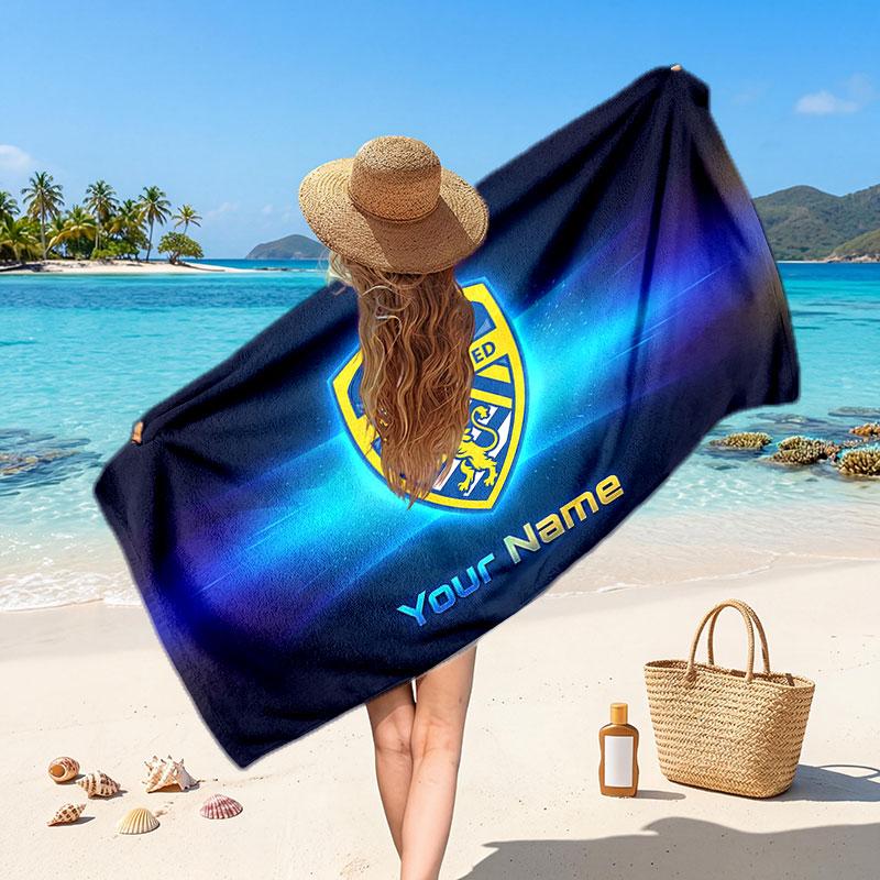 Leeds United Custom Beach Towel, Personalized Name Text Print, Football Logo Soft Quick‑Dry Towel Holiday Gift