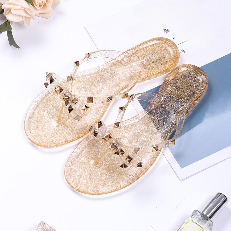 Nieten Fliege Flip-Flops Nieten Jelly Zehensandalen mit Schleife Sommer Schleife Flache Strand Regenstiefel