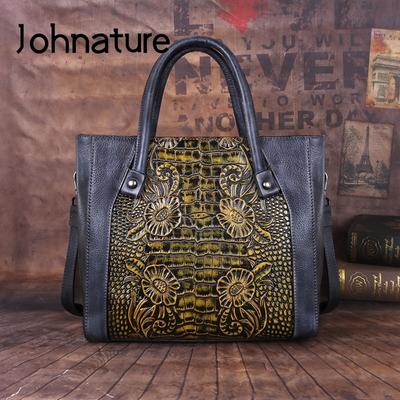 Retro Genuine Leather Handmade Women Bag First Layer Cowhide Large Capacity Handbag Embossed Shoulder Bags