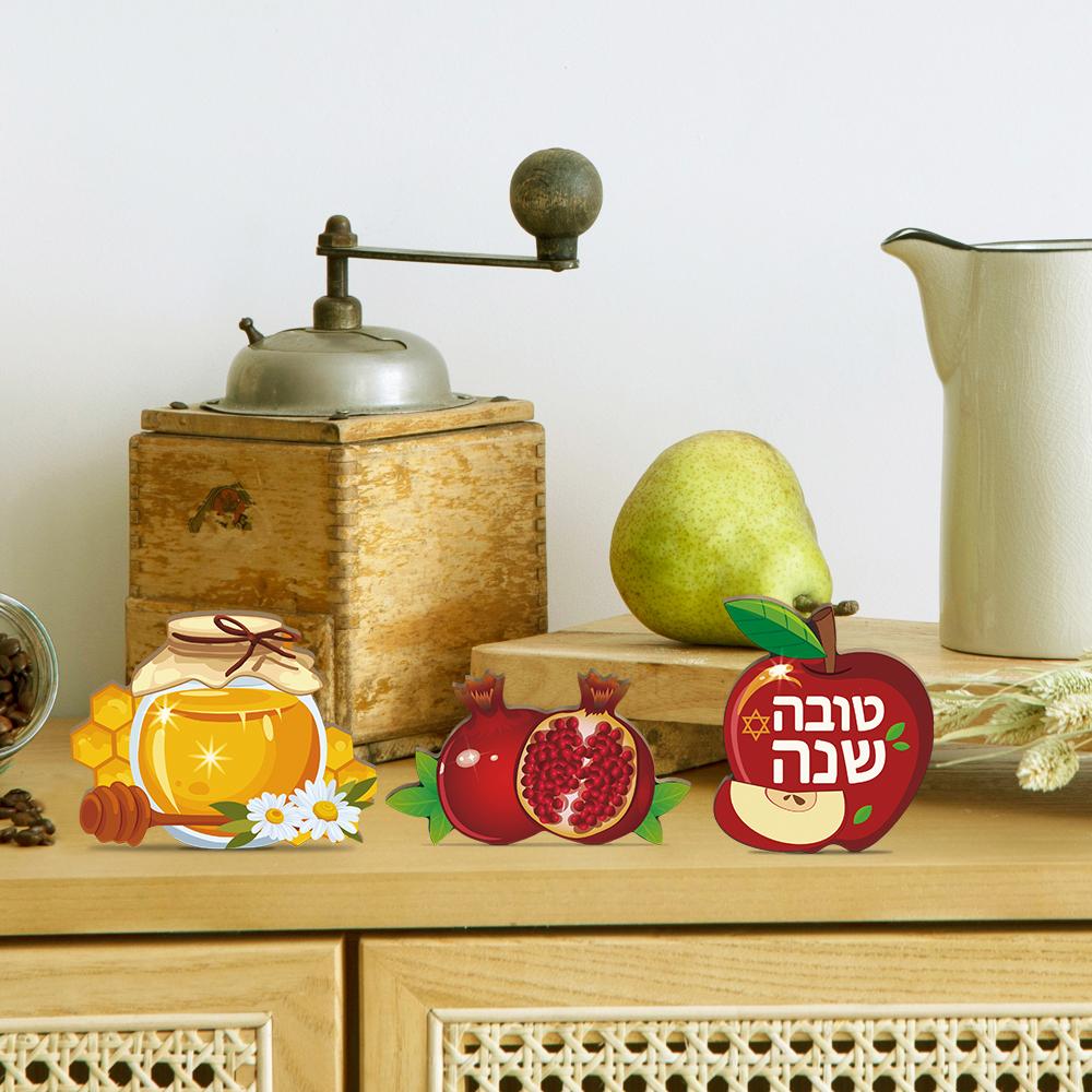 Putuo Decor-Wood Hanging Plaque, Wall Decoration, Farmhouse, Living Room, Shop, Rosh Hashanah,Pomegranate, Apple Honey, 3 Pcs