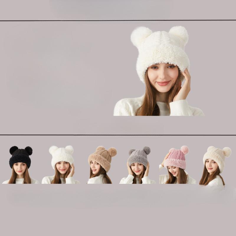 Girls' cute wool ball knitting hat in winter retro thick needle Fried Dough Twists plush edge splicing ear protection wool hat