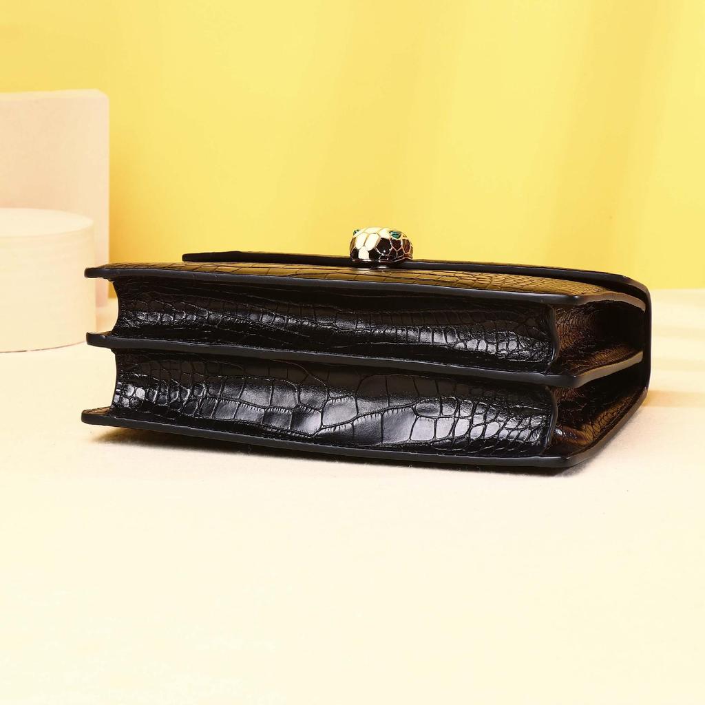 2025 New Brand Fashionable Small Square Shiny Crocodile Pattern Crossbody Handbag with Snake Head Design for Women