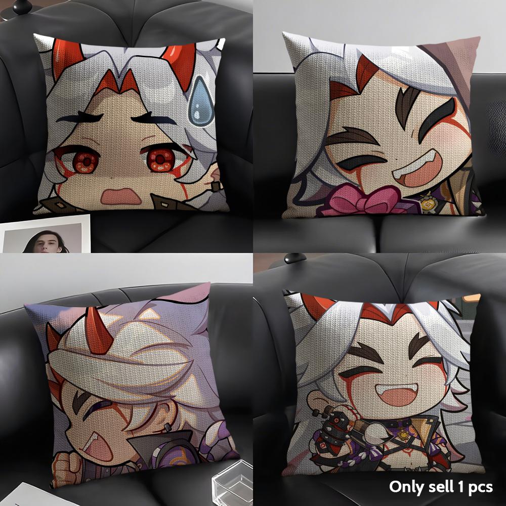 Arataki Itto Cute Genshin Impact Cushion Cover Natural Linen Organic Fabric Double-Sided Printing Sofa Home Decor Pillow Case