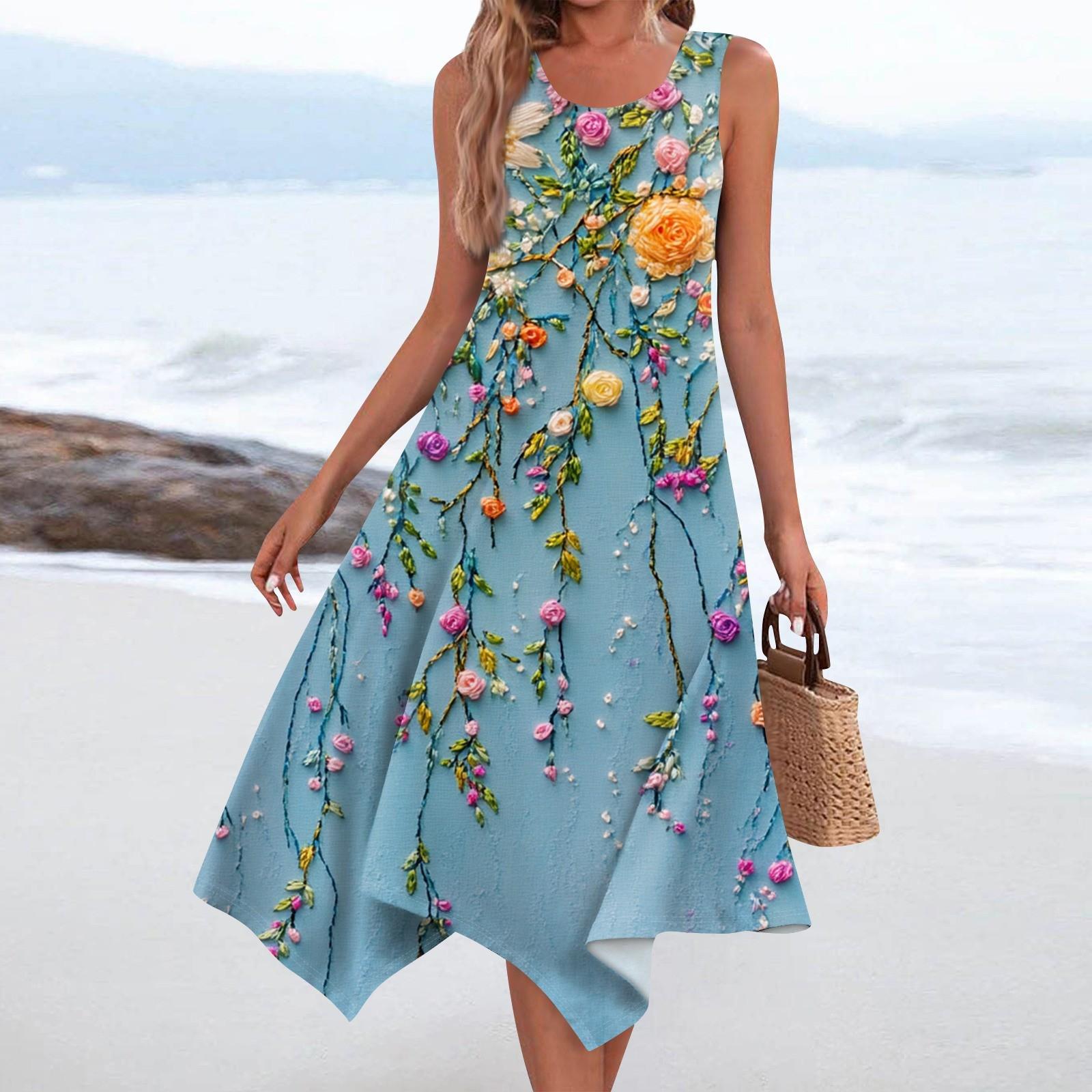 

Жіноча повсякденна модна сукня середньої довжини з круглим вирізом і квітковим принтом без рукавів із нерівним подолом L синій