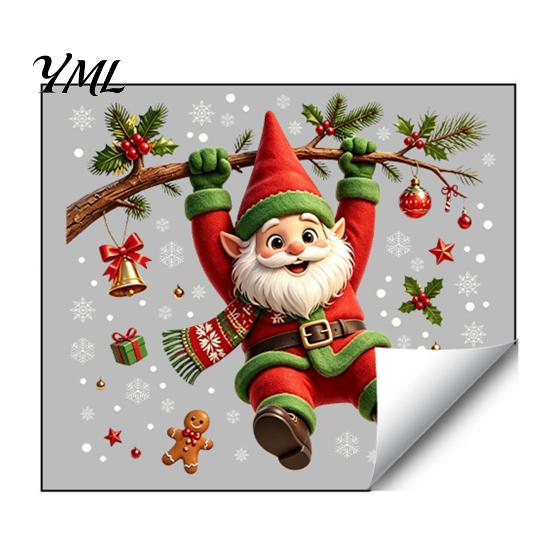 Holiday Party Decor Cute Gnome Christmas Static Window Cling, Removable Decal with Holly Bell Pattern Stickers Gingerbread Snowflake, for Home Living