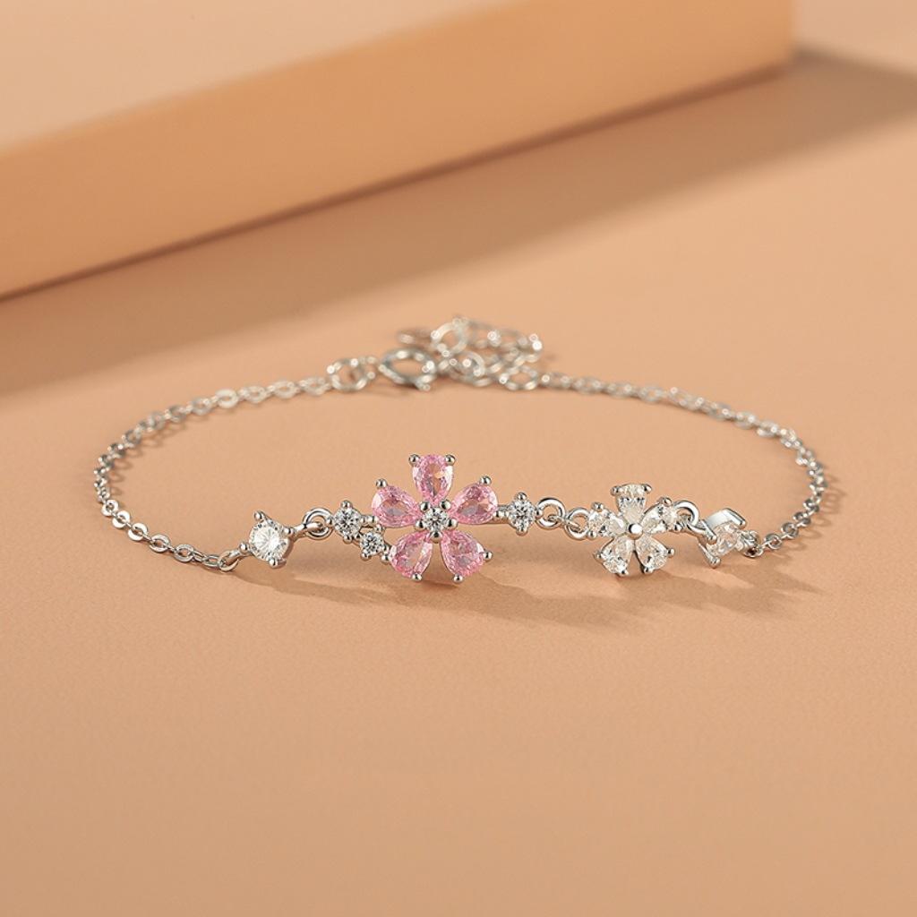 S925 Sterling Silver Peach Blossom Bracelet for Women Elegant Micro Inlaid Zirconia Minimalist Delicate Jewelry