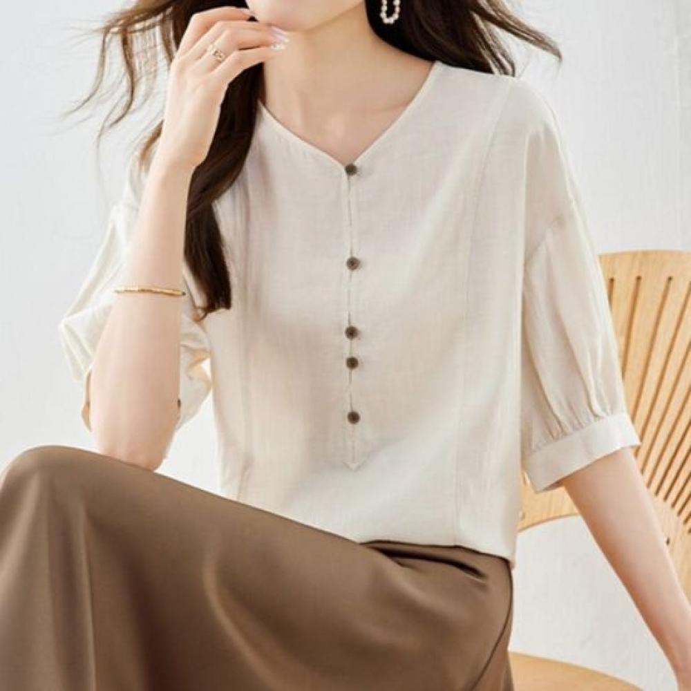 Navava Women S Retro Wood Button Puff Short Sleeve blouSe Nb3150