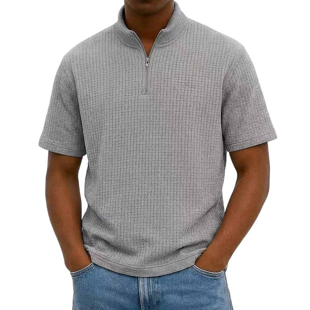 Men's Short Sleeve Half Zip Pullover Shirt Loose Fit Lightweight Casual Top with Stand Collar Suitable for Outdoor and Daily Wear