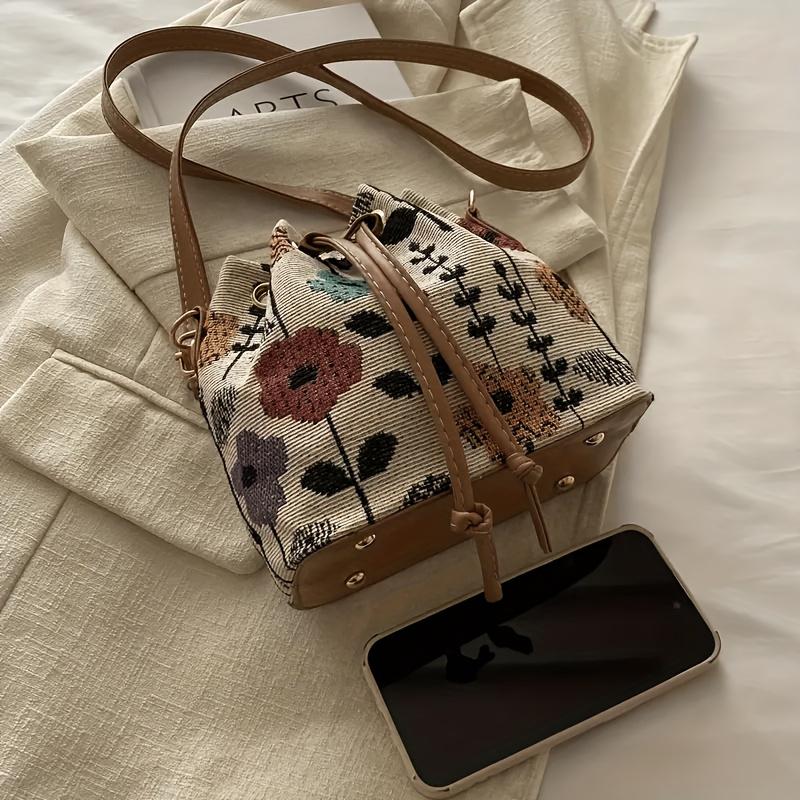 Women's Bucket Bag with Bright Flower Pattern and Adjustable Drawstring Messenger Bag, Suitable for Beach Tourism Parties