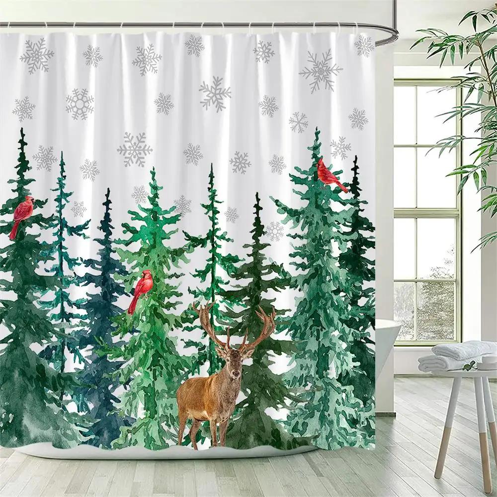 Winter Snowy Forest Shower Curtains Pine Tree Deer Snowflake Xmas Christmas Holiday Rustic Farmhouse Bathroom Decor with Hooks