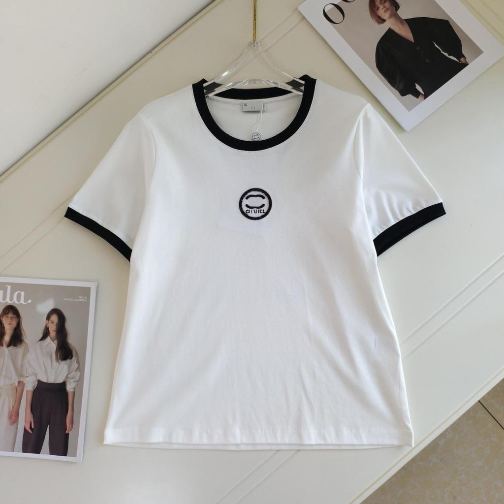 New Season Embroidered Letter Color Block Round Neck T-Shirt