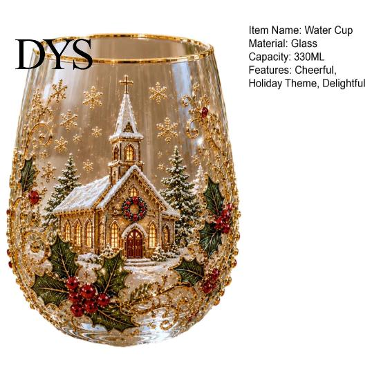 Christmas Themed Water Mug 330ML Glass Cup, Wreath/Santa Claus/Elk/Stockings/Snowman Pattern Holiday Glassware Compact for Breakfast Wine, Coffee,