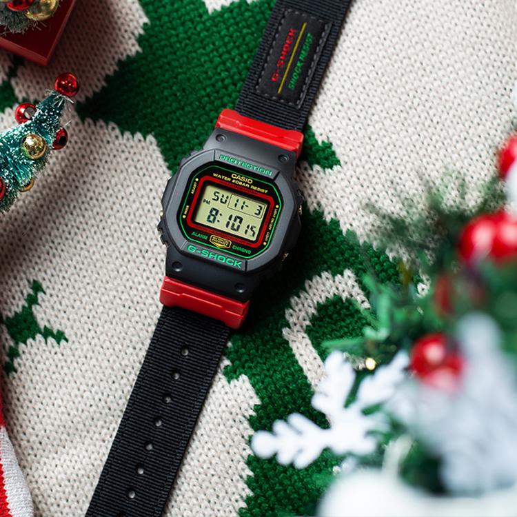 Casio G-Shock Classic Retro Square Fashion Color Block Street Style LCD Display Electronic Movement Fabric Strap Men Watches Black DW-5600THC-1