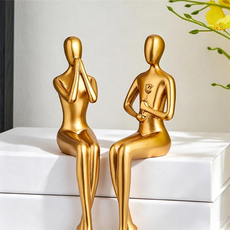 Shelf Sitter Statue Abstract Art Sculptures Matte Gold Sitting Thinker Figurine Seating Display Statue for Consoles Table, Shelf Arrangement and