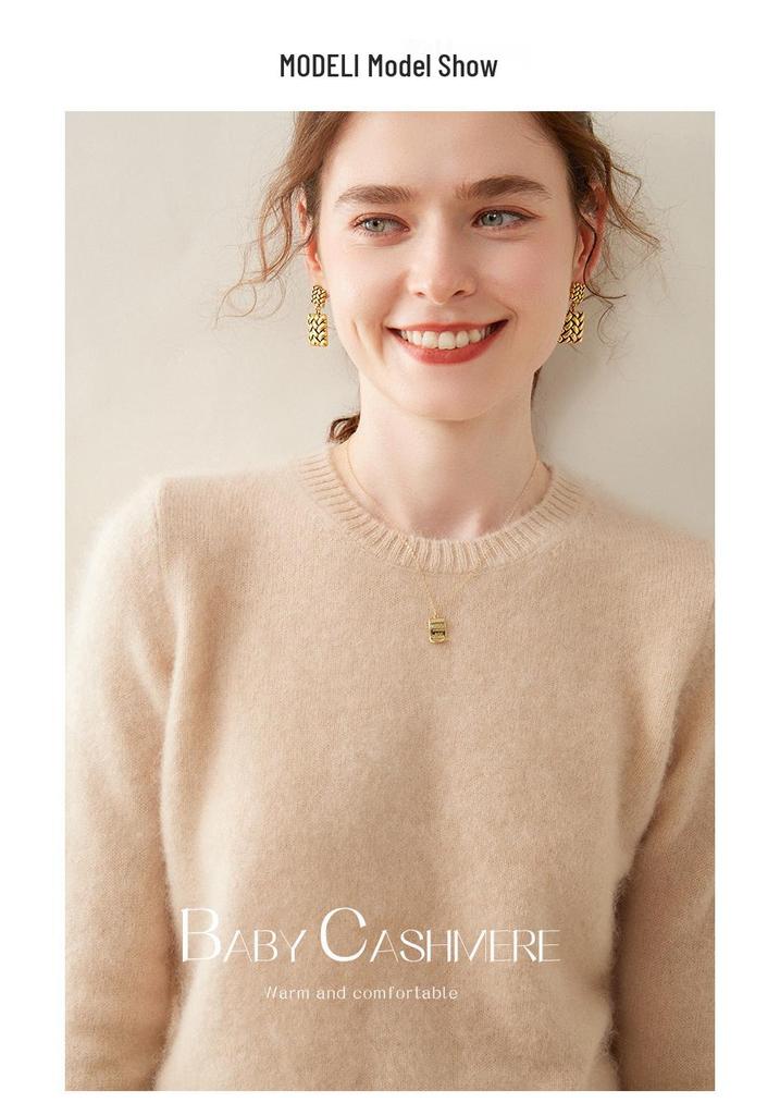 2024 Autumn/Winter Women's Round Neck Cashmere Sweater - Solid Color, Double Ply, Thick Knit Base Layer