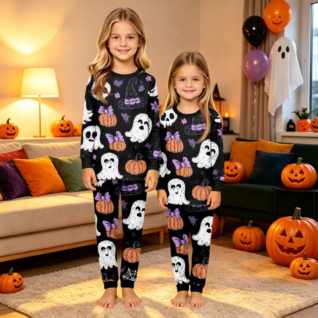 Family Matching Halloween Printed Pajama Set, Long Sleeve Top and Pants for Mom and Kids