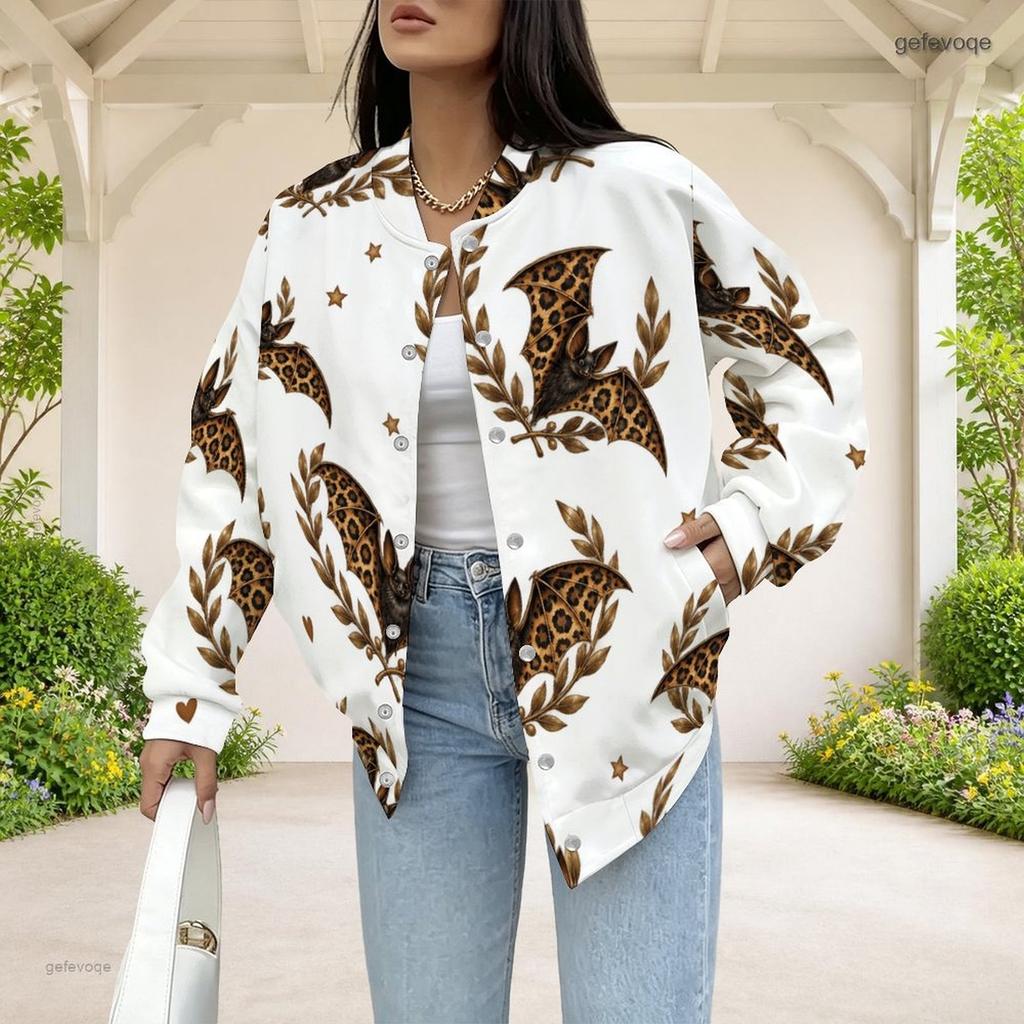 Women Plus Size White Leopard Star Heart Printed Long Sleeve Baseball Collar Jacket With Pockets