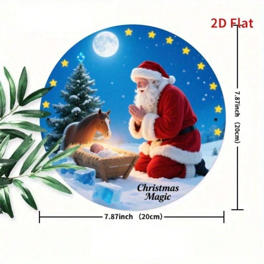 Vintage Weihnachtsmann-Blechschild, rund, aus Metall, Wanddekoration aus Aluminium, Weihnachtsdeko