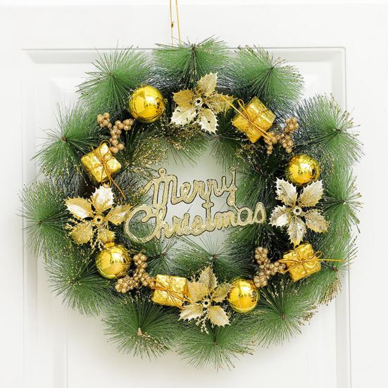 Christmas Wreath for Front Door Artificial Pine Needle Wreath with Balls Bows Flowers Merry Christmas Hanging Decor for Home Wall Window Porch Indoor