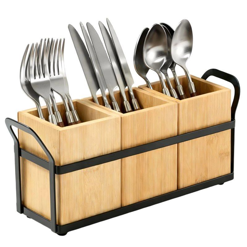 SHGO-Bamboo For Countertop Kitchen Utensil Holder 3-Compartments Organizer For Cooking Tools, Silverware, And Spatulas